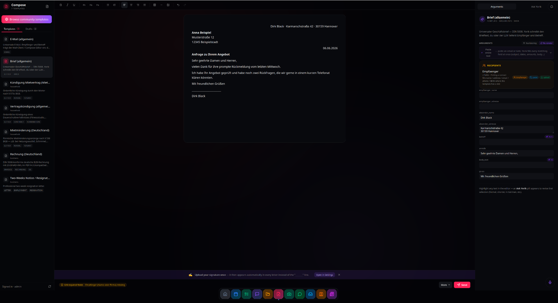 Yorik compose / letter template editor